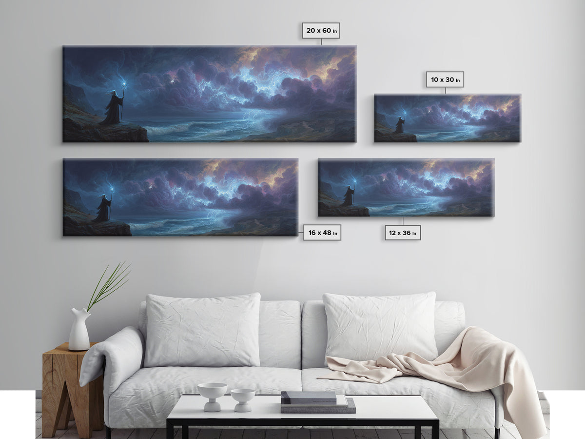 Epic Fantasy Wizard Holding Staff In Stormy Coastal Landscape - Magical Fantasy Wall Art Canvas Print For Mystical Room Decor