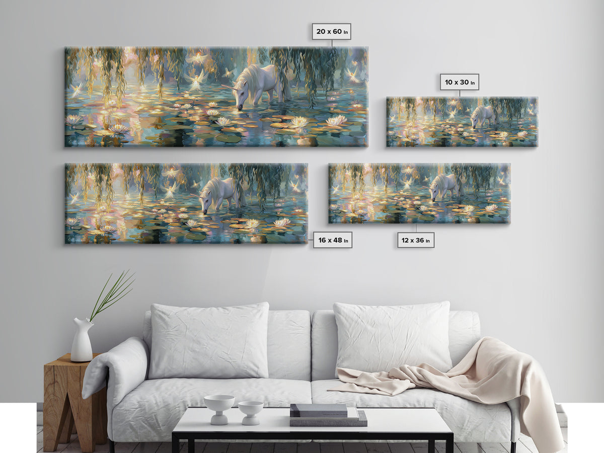 Fairy Tale Unicorn In Ethereal Lily Pond With Glowing Fairies - Whimsical Wall Art Framed Canvas Print For Nursery And Bedroom Decor