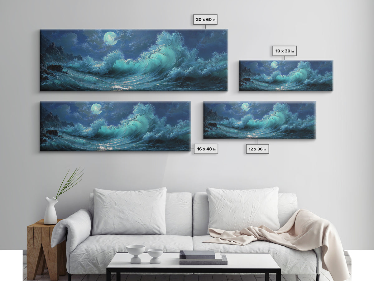 Wave Crash Under Moonlight Oil Painting Wall Art Moody Seascape Canvas Print For Coastal Living Room Decor