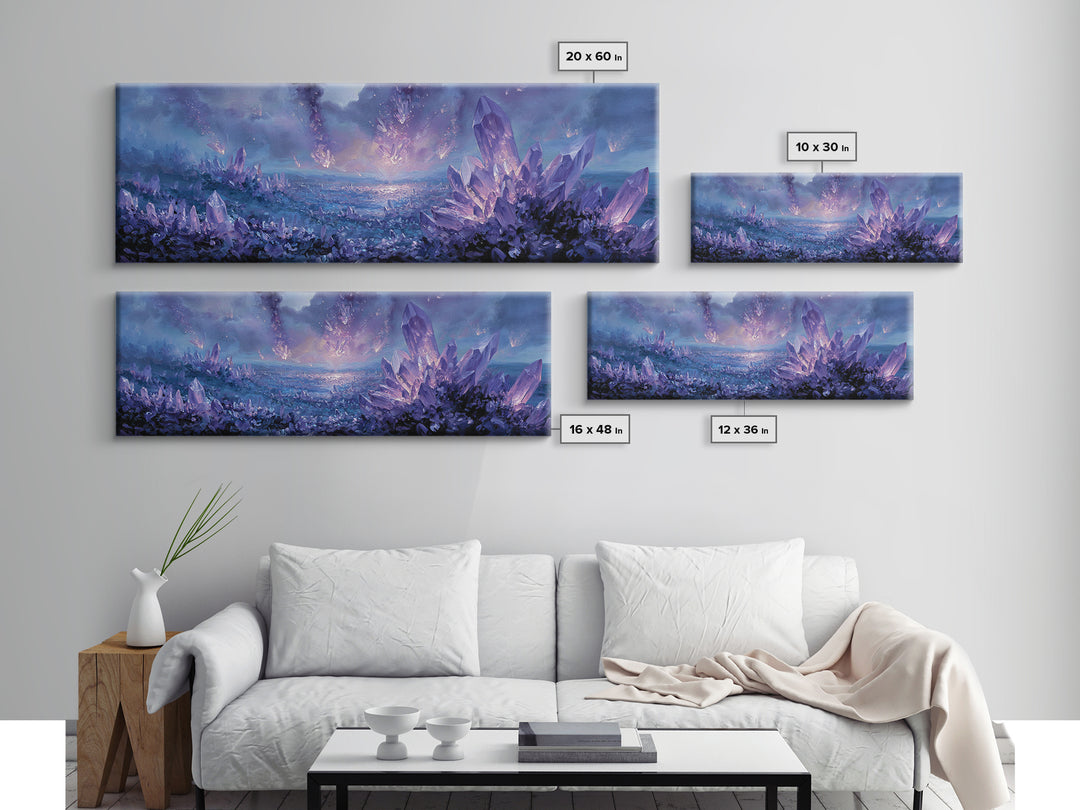 Mystical Purple Crystal Landscape With Falling Crystals Wall Art Framed Canvas Print For Unique Home Decor