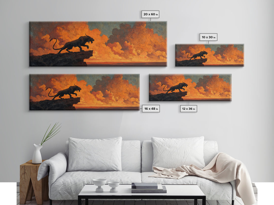 Dramatic Black Panther Silhouette Against Fiery Sunset Sky Landscape Canvas Print For Unique Wall Art Decor