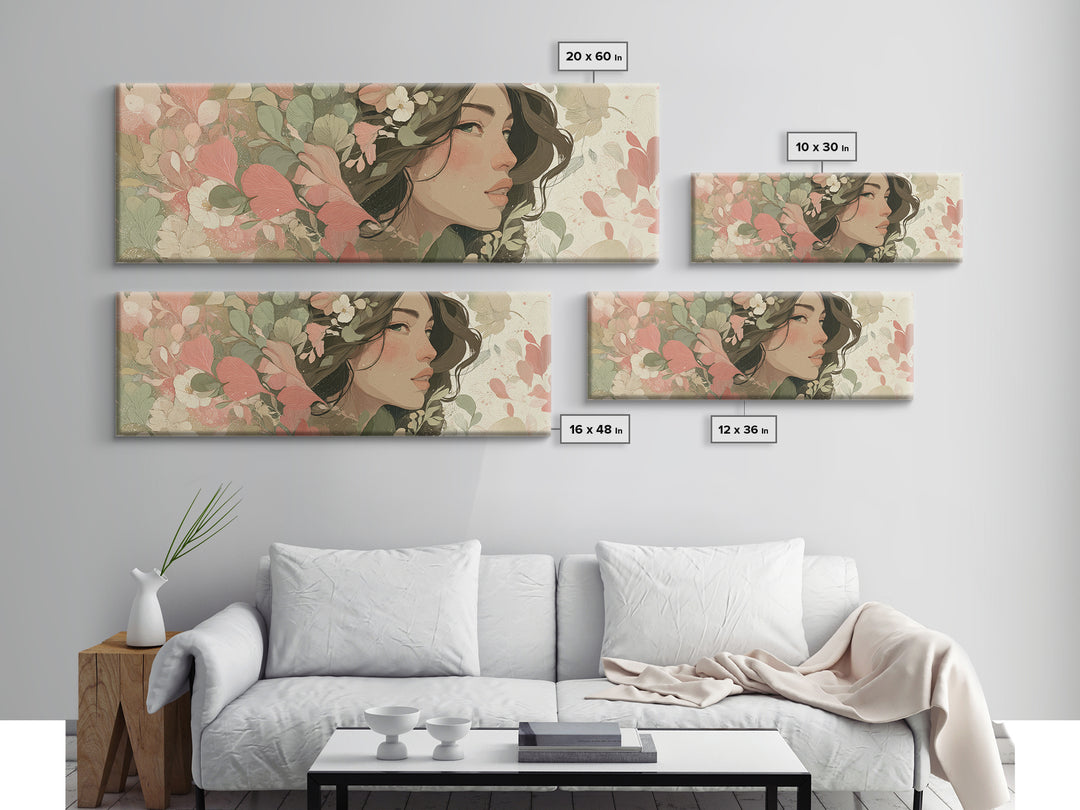 Floral Woman Portrait With Green Leaves Wall Art, Modern Feminine Botanical Decor, Boho Bedroom Decor, Framed Canvas Print