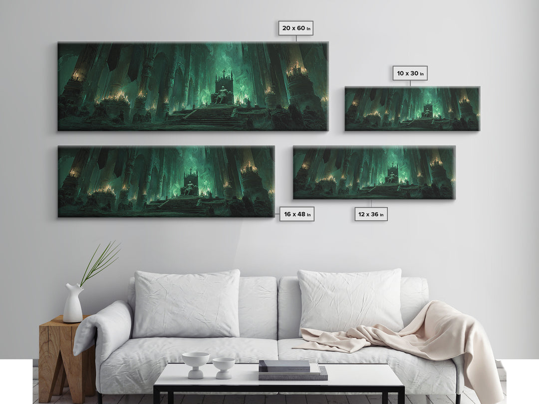 Green Fantasy Gothic Cathedral Throne Room Dark Artwork Wall Art Canvas Print Moody Gothic Home Decor