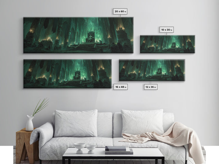 Green Fantasy Gothic Cathedral Throne Room Dark Artwork Wall Art Canvas Print Moody Gothic Home Decor