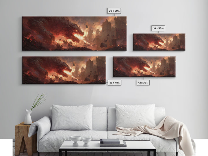 Epic Fiery Dragon Breathing Flames Amidst A Burning City Fantasy Wall Art Canvas Print For Modern Home Decor And Gaming Rooms