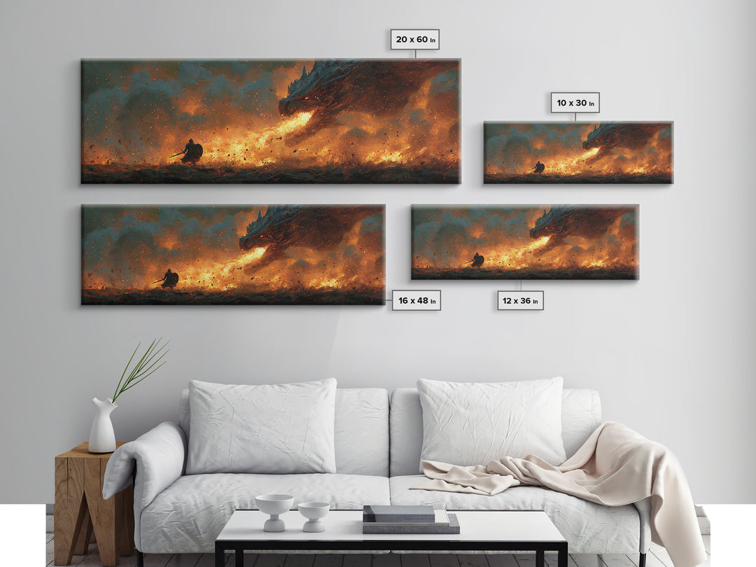Fiery Viking Warrior Fighting Dragon Epic Fantasy Wall Art Framed Canvas Print For Dramatic Home Decor Gift
