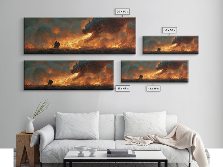Fiery Viking Warrior Fighting Dragon Epic Fantasy Wall Art Framed Canvas Print For Dramatic Home Decor Gift