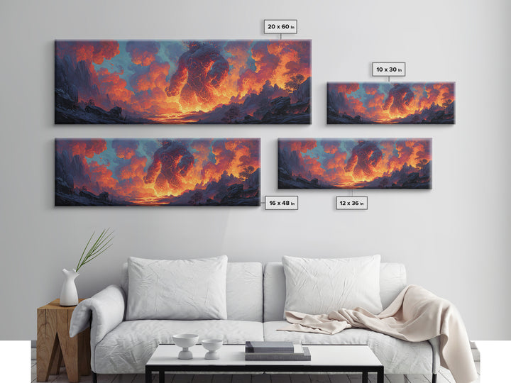 Medieval Fantasy Scene With Warrior And Dragon On Castle Overlooking Misty Mountains Sunset Large Canvas Print Wall Art