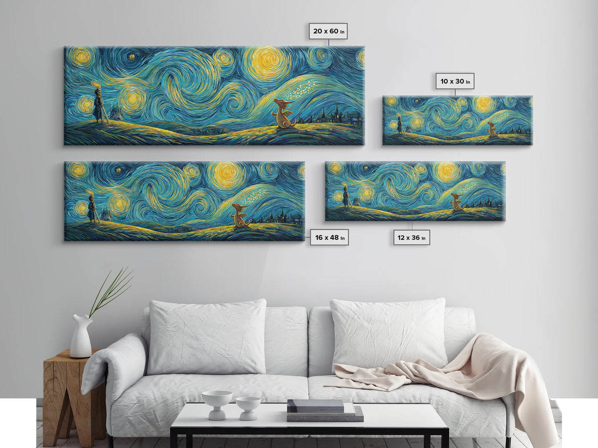 Whimsical Starry Night Inspired Canvas Print With Playful Dragon And Knight In Vibrant Blues And Yellows Unique Wall Art For Kids Room And Fantasy Decor