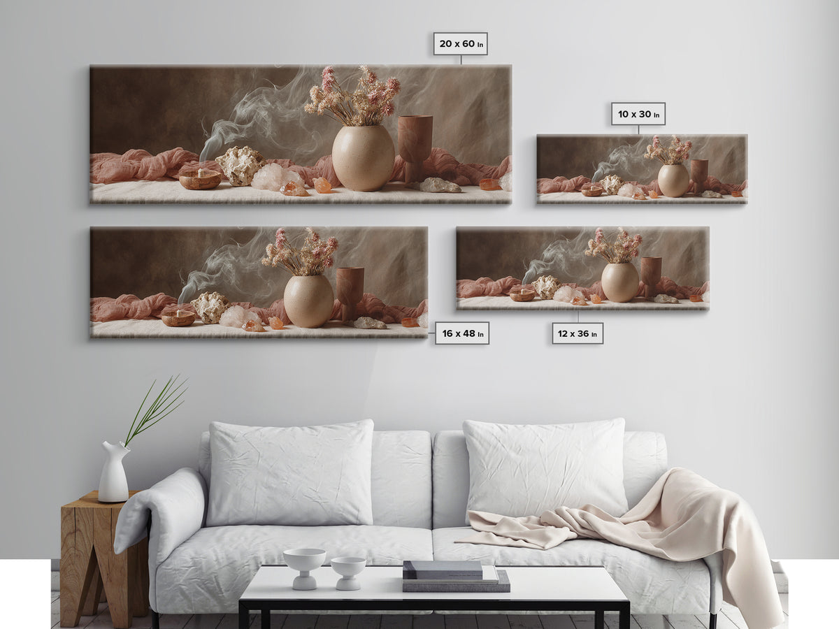 Smoky Crystals And Dried Flowers Framed Canvas Print, Zen Spa Wall Art, Neutral Boho Decor, Meditation Room Gift For Her