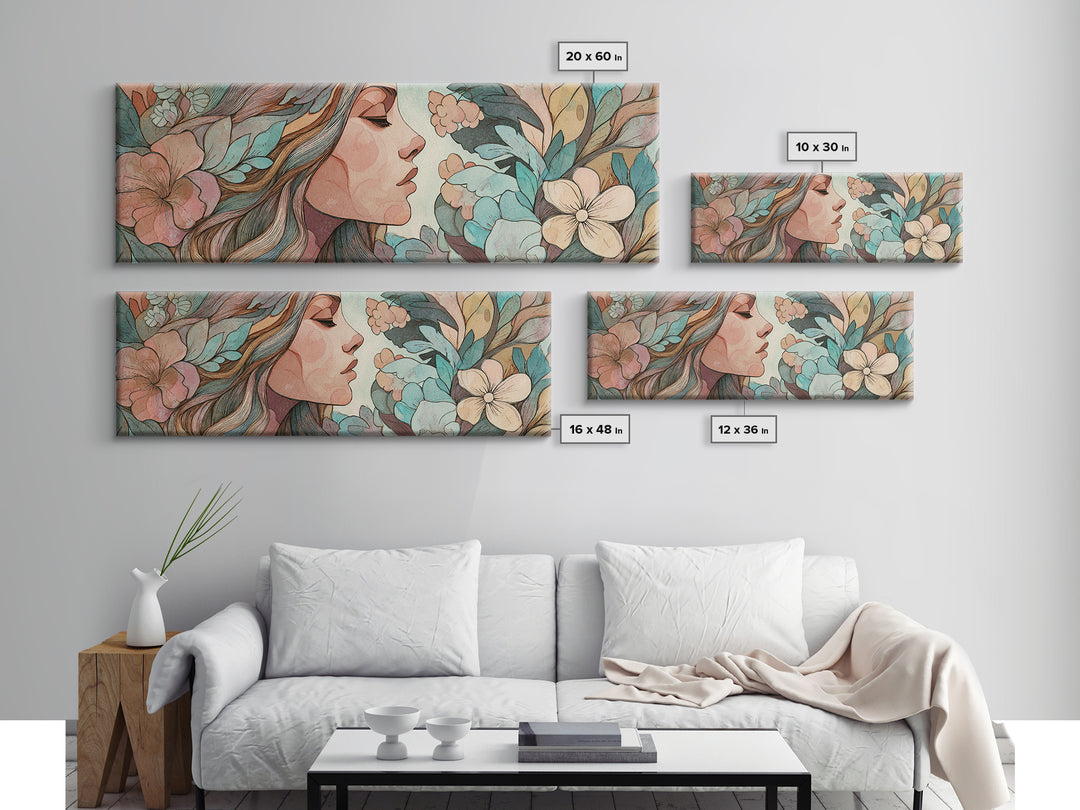 Art Nouveau Woman With Teal Florals Wall Art, Feminine Botanical Canvas Print, Boho Bedroom Decor, Living Room Decor, Gift For Her