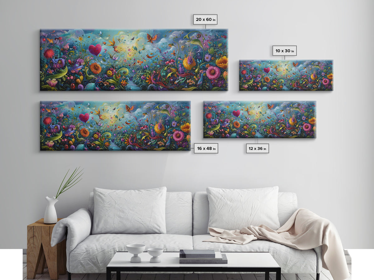 Ethereal Mystical Landscape With Cloud Giant Looming Over Young Boy Wall Art Framed Canvas Print For Inspirational Decor