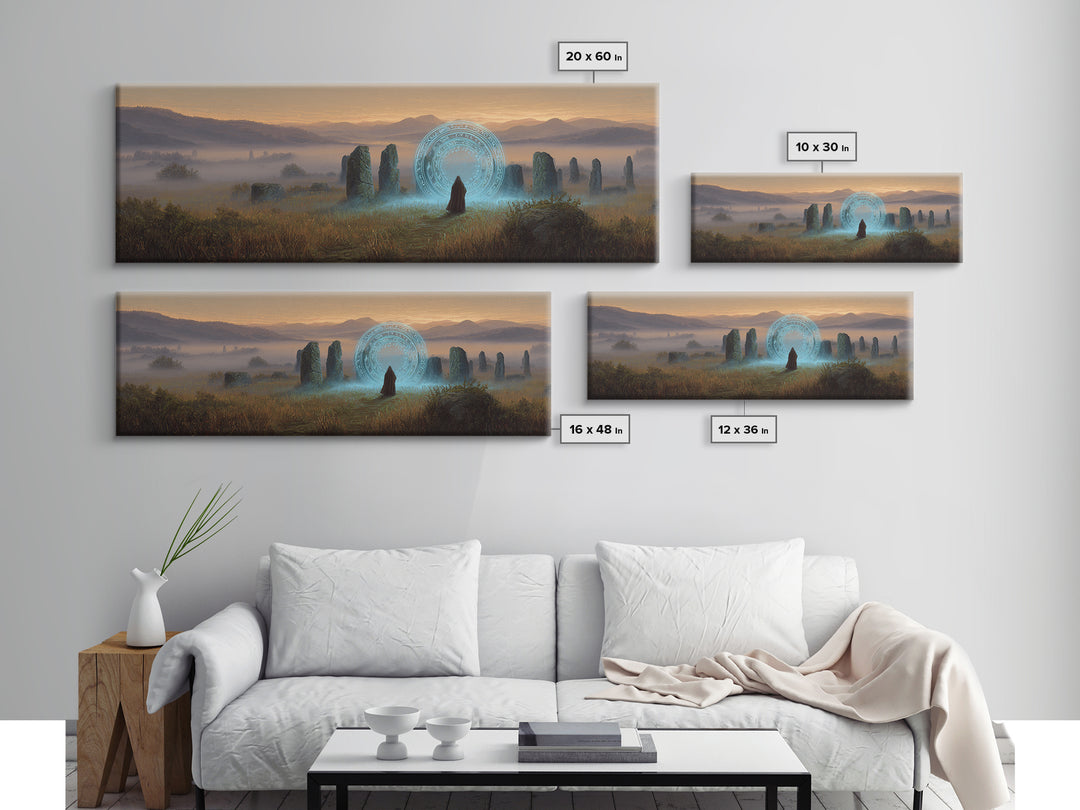 Mystical Wizard Standing Before Ancient Stone Circle With Glowing Magic Portal Fantasy Canvas Print Wall Art