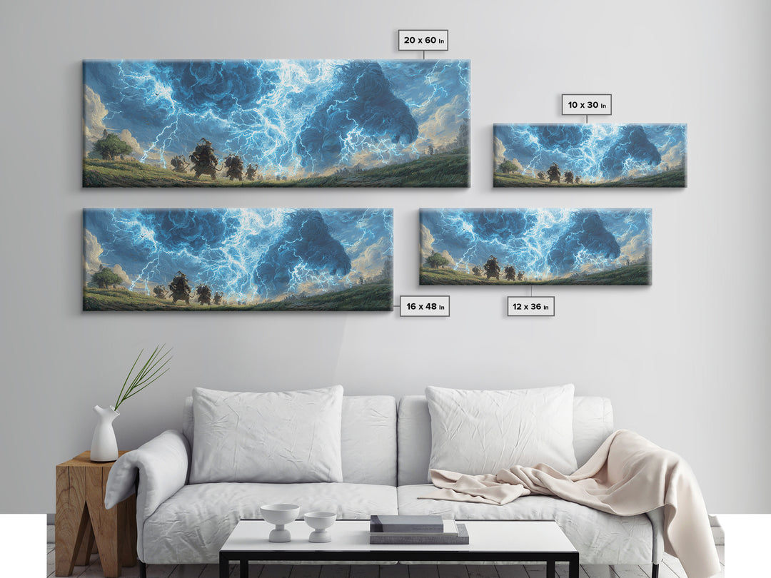 Epic Fantasy Battle Art Depicting Warriors Facing Giant Made Of Stormy Clouds Canvas Print