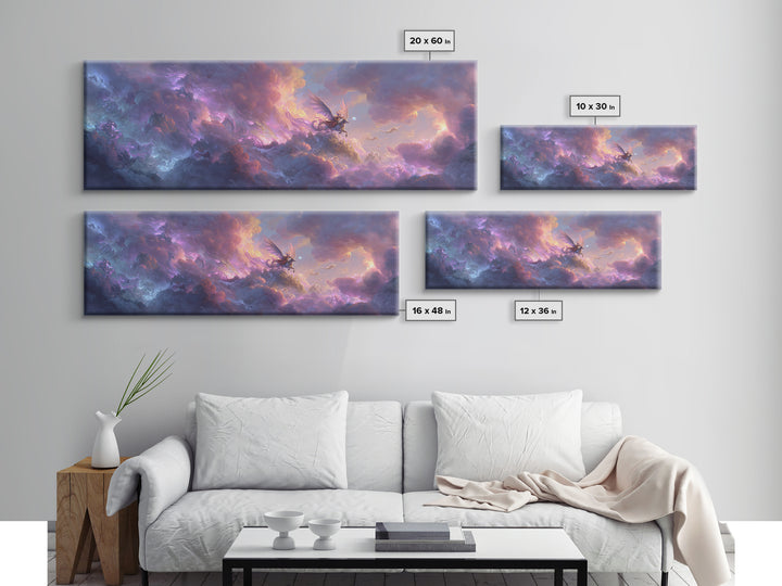Epic Fantasy Sky Battle With Winged Warrior Dragons And Light Magic Canvas Print Large Wall Art For Fantasy Decor