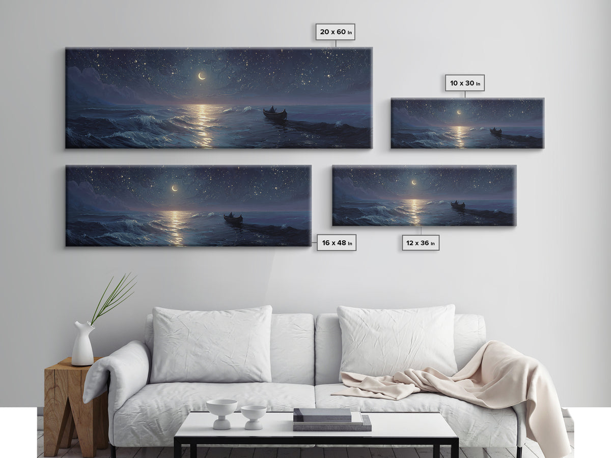 Serene Night Ocean Scene With Boat And Crescent Moon Under Starry Sky Wall Art Modern Coastal Decor Canvas Print