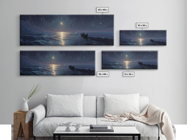 Serene Night Ocean Scene With Boat And Crescent Moon Under Starry Sky Wall Art Modern Coastal Decor Canvas Print