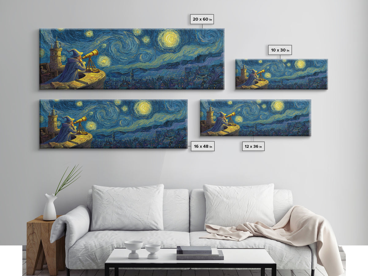 Starry Night Sky Over Town With Wizard And Telescope Classic Van Gogh Style Wall Art Framed Canvas Print