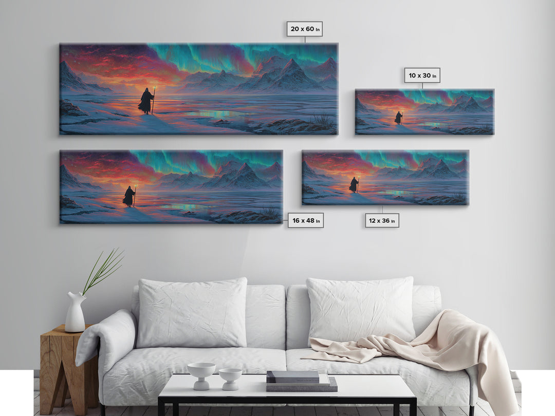Wanderer Under Northern Lights Canvas Print, Aurora Borealis Wall Art, Arctic Mountain Landscape, Celestial Fantasy Decor