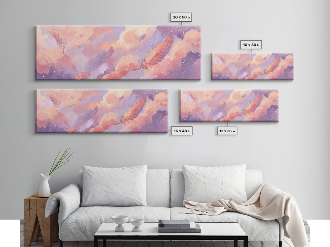 Pastel Dream Clouds And Floating Feathers Canvas Print, Whimsical Wall Art, Celestial Nursery Decor, Soft Pink Bedroom Art