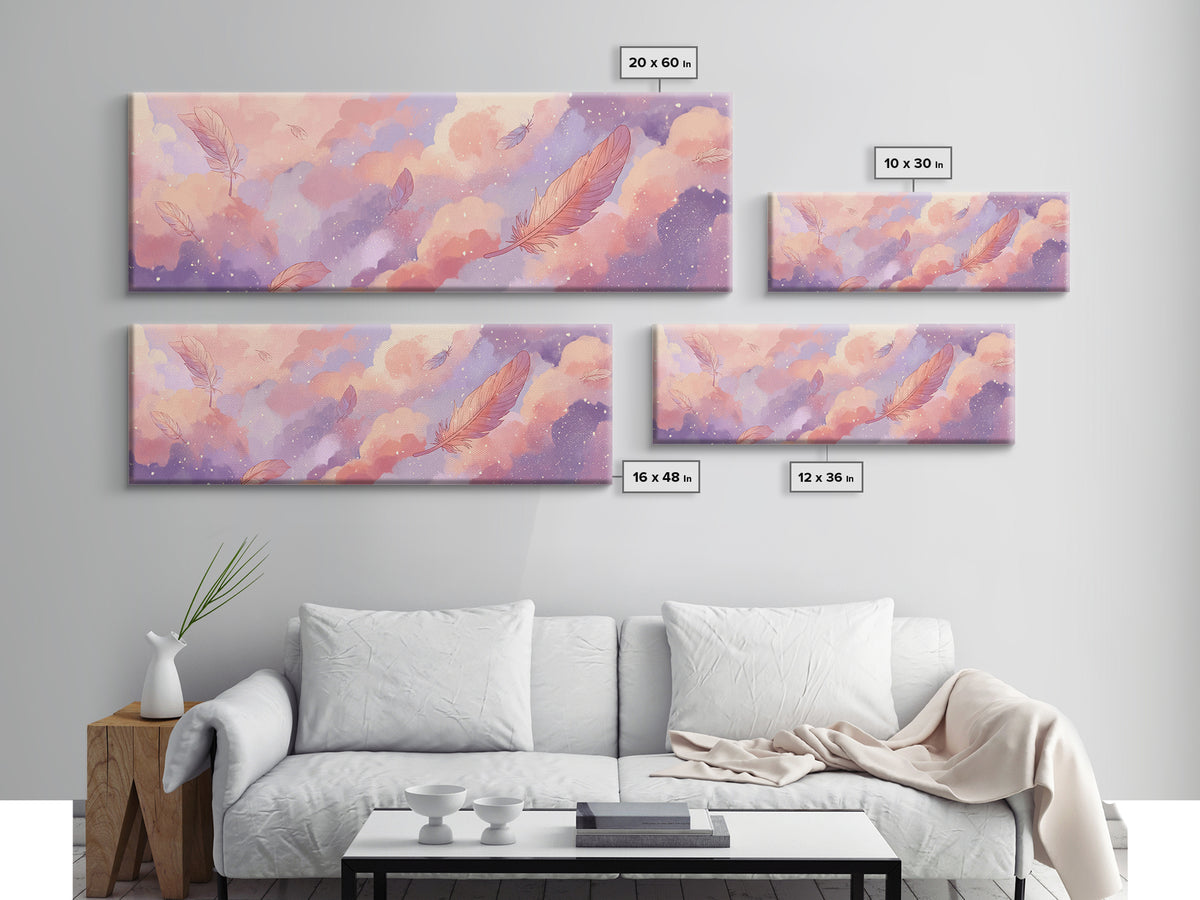 Pastel Dream Clouds And Floating Feathers Canvas Print, Whimsical Wall Art, Celestial Nursery Decor, Soft Pink Bedroom Art