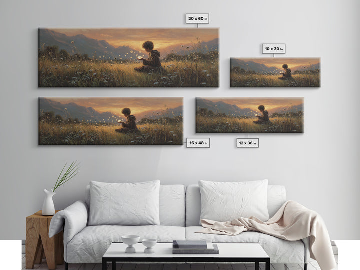 Young Boy In Field Holding Glowing Magical Lights Surrounded By Wildflowers Wall Art Canvas Print