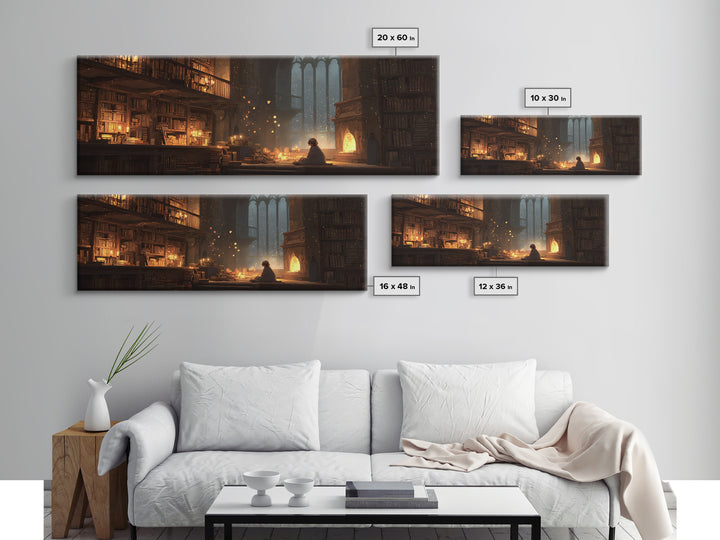 Warm Cozy Library Scene With Child Reading By Fireplace - Charming Home Decor Wall Art Framed Canvas Print For Study Rooms