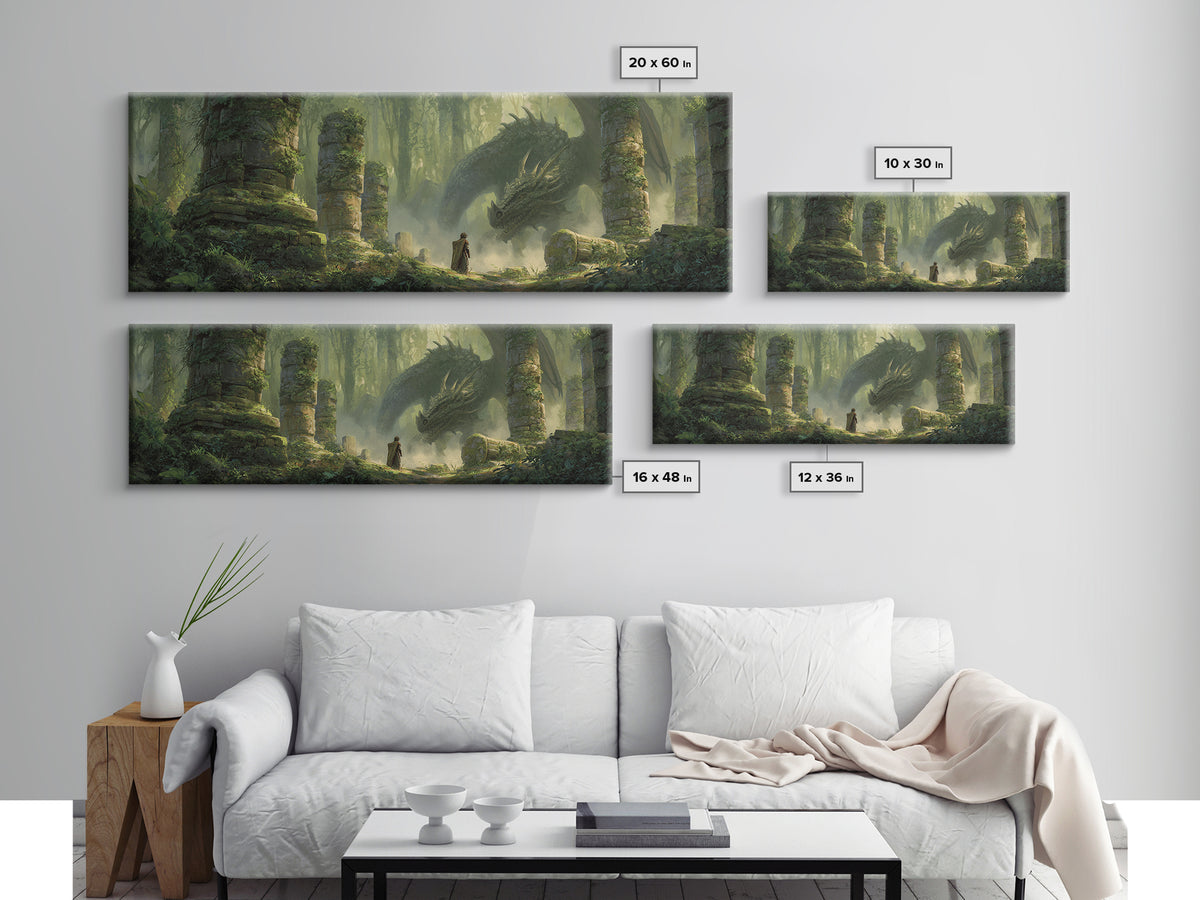 Ancient Forest With Massive Dragon Resting Amidst Ruins - Fantasy Wall Art Framed Canvas Print For Magical And Whimsical Decor