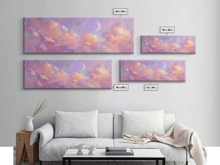Crescent Moon Feathers In Lavender Sky Wall Art, Celestial Canvas Print, Whimsical Decor, Calming Bedroom Art, Gift For Her