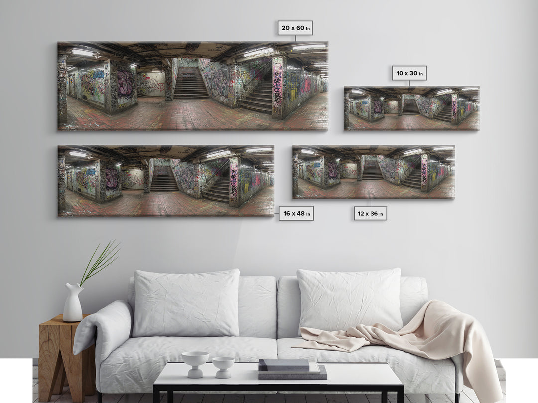 Grungy Spacious Subway Staircase Graffiti Urban Loft Wall Art - Framed Canvas Print, Modern Wall Art, Urban Decor, Trending Wall Art Gift