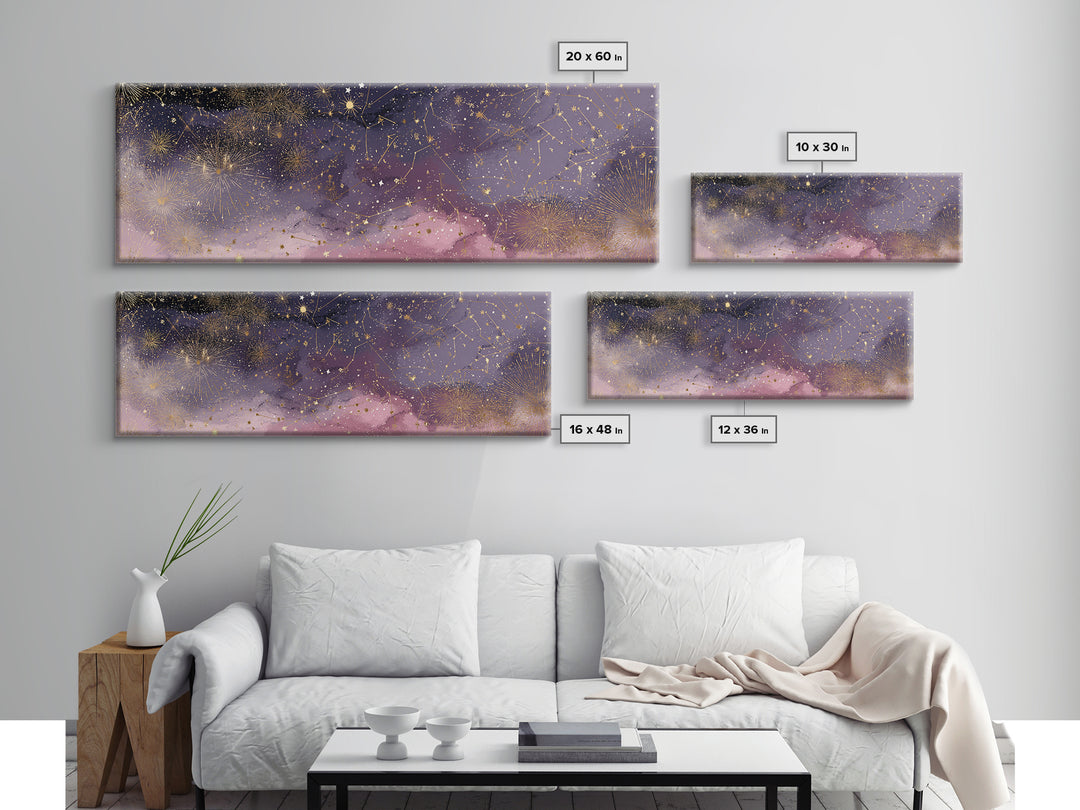 Golden Stars And Constellations In Moody Night Sky Wall Art, Celestial Canvas Print, Dark Academia Decor, Mystical Bedroom Art