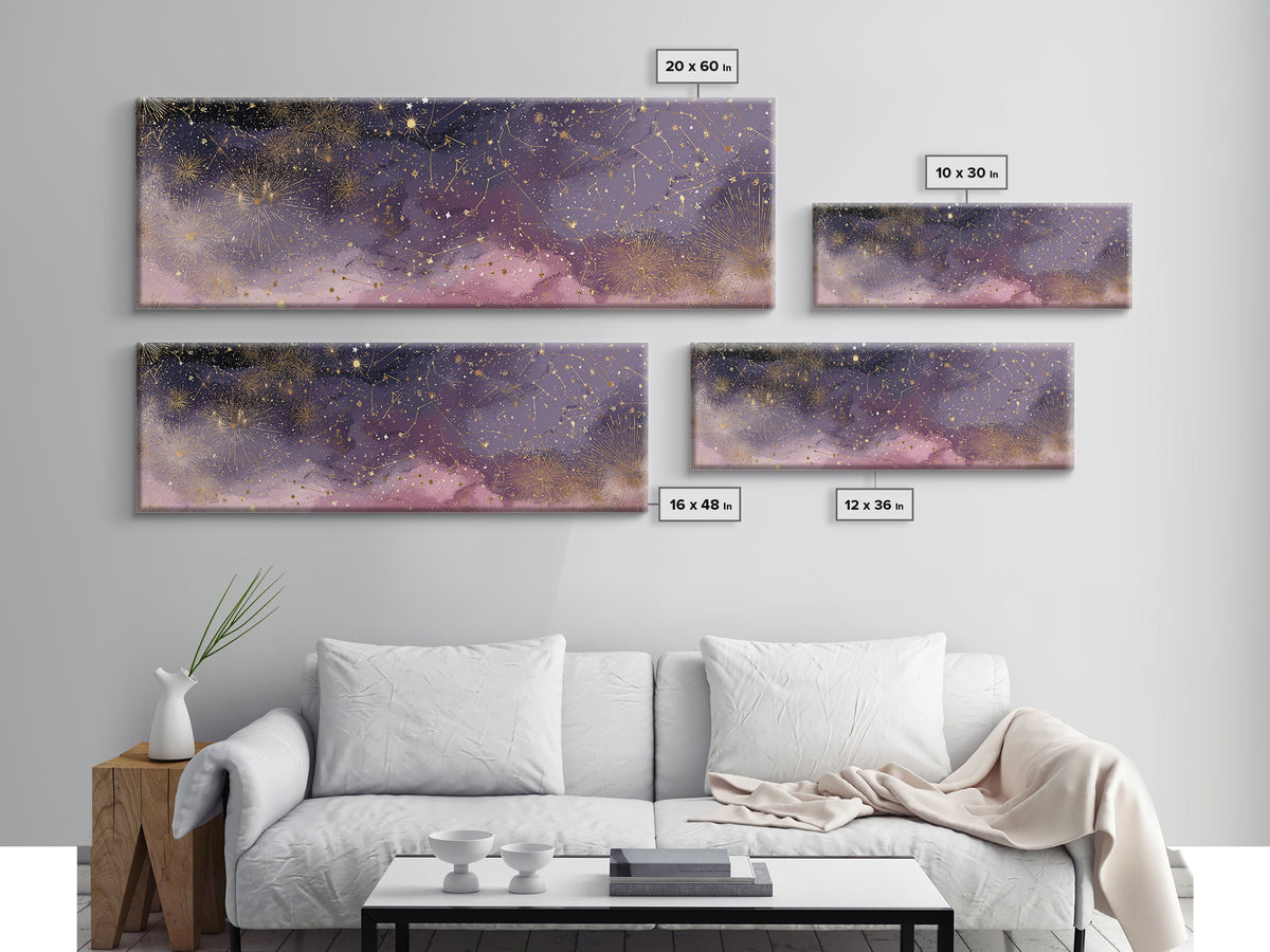 Golden Stars And Constellations In Moody Night Sky Wall Art, Celestial Canvas Print, Dark Academia Decor, Mystical Bedroom Art