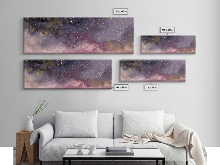 Golden Stars And Constellations In Moody Night Sky Wall Art, Celestial Canvas Print, Dark Academia Decor, Mystical Bedroom Art