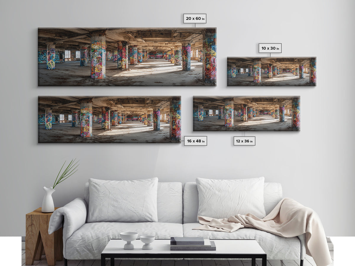 Rustic Urban Abandoned Building Interior With Graffiti Artwork Wall Art Canvas Print Large Industrial Style Decor For Funky Apartment Or Loft Wall