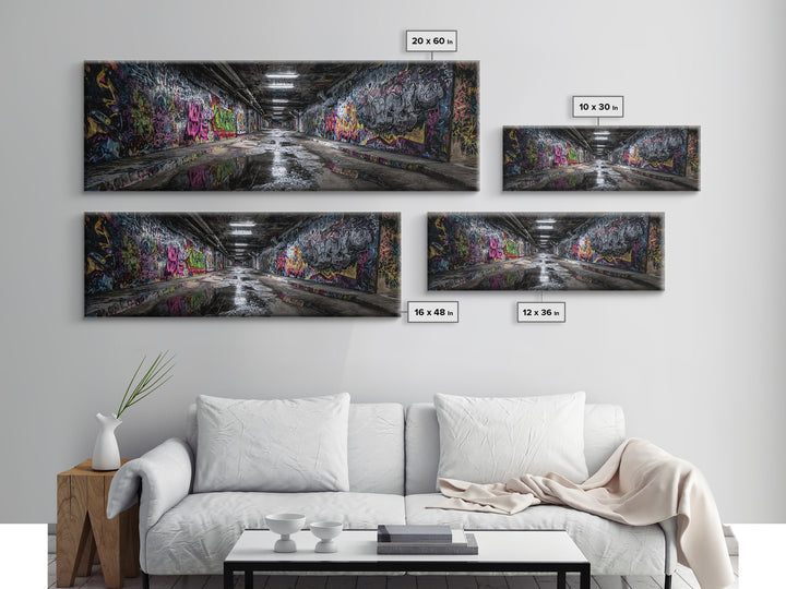 Graffiti Covered Underground Tunnel Wall Art, Urban Street Art Print, Modern Industrial Decor, Colorful Cityscape Canvas