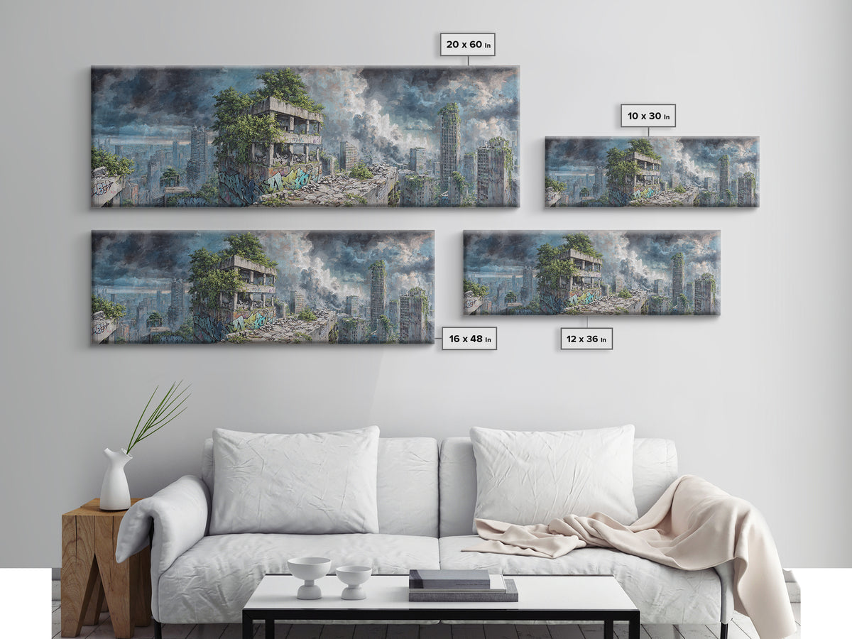 Overgrown Ruined City Under Storm Clouds Canvas Print, Post Apocalyptic Wall Art, Futuristic Urban Landscape, Sci Fi Decor