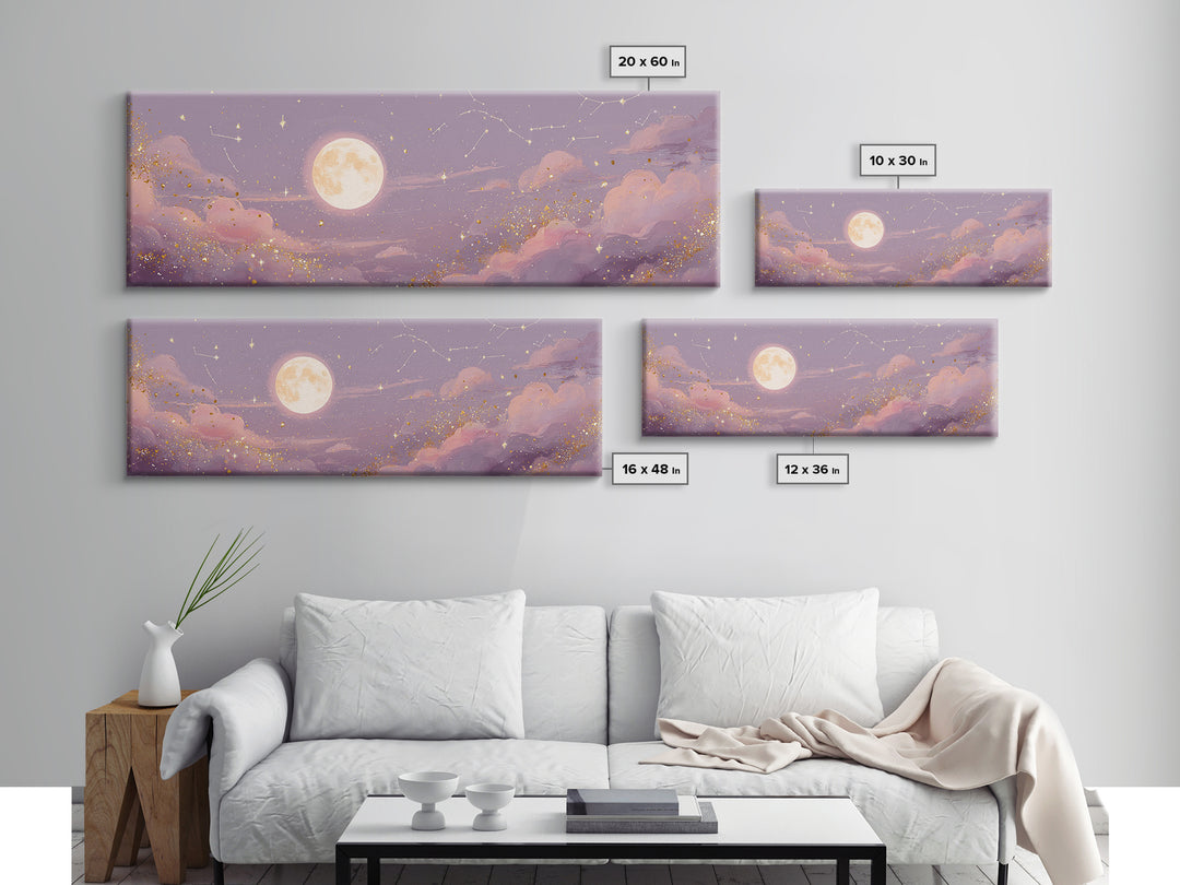 Full Moon Over Pink Clouds And Starry Sky Canvas Print, Celestial Wall Art, Moon Phase Decor, Dreamy Nursery Room Wall Decor