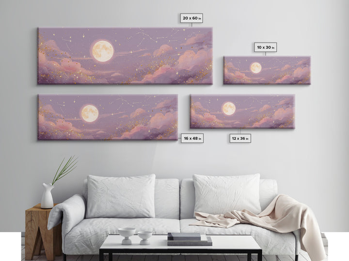 Full Moon Over Pink Clouds And Starry Sky Canvas Print, Celestial Wall Art, Moon Phase Decor, Dreamy Nursery Room Wall Decor