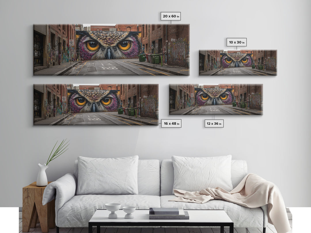 Hyperrealistic Street Mural of Intense Owl Eyes Graffiti Urban Wall Art Framed Canvas Print Bold Contemporary Art for Living Room Decor