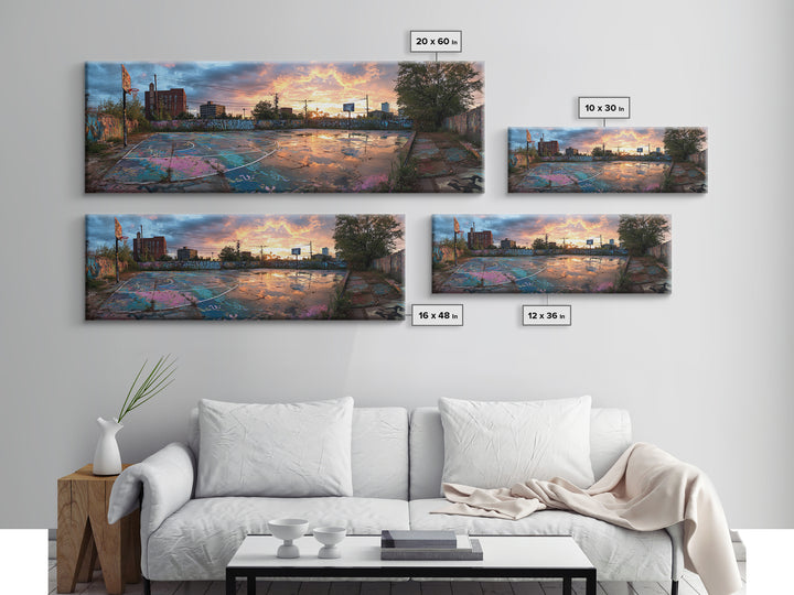 Graffiti Covered Abandoned Outdoor Basketball Court At Sunset, Urban Street Art Wall Decor Canvas Print For Modern Living Room And Wall Art