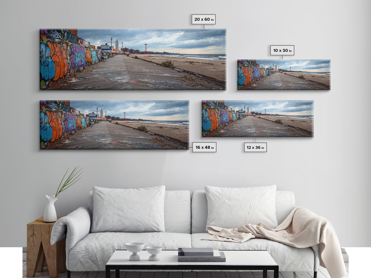 Urban Graffiti Beach Boardwalk Vibrant Street Art Wall Art Coastal Living Room Decor Ocean Scene Canvas Print