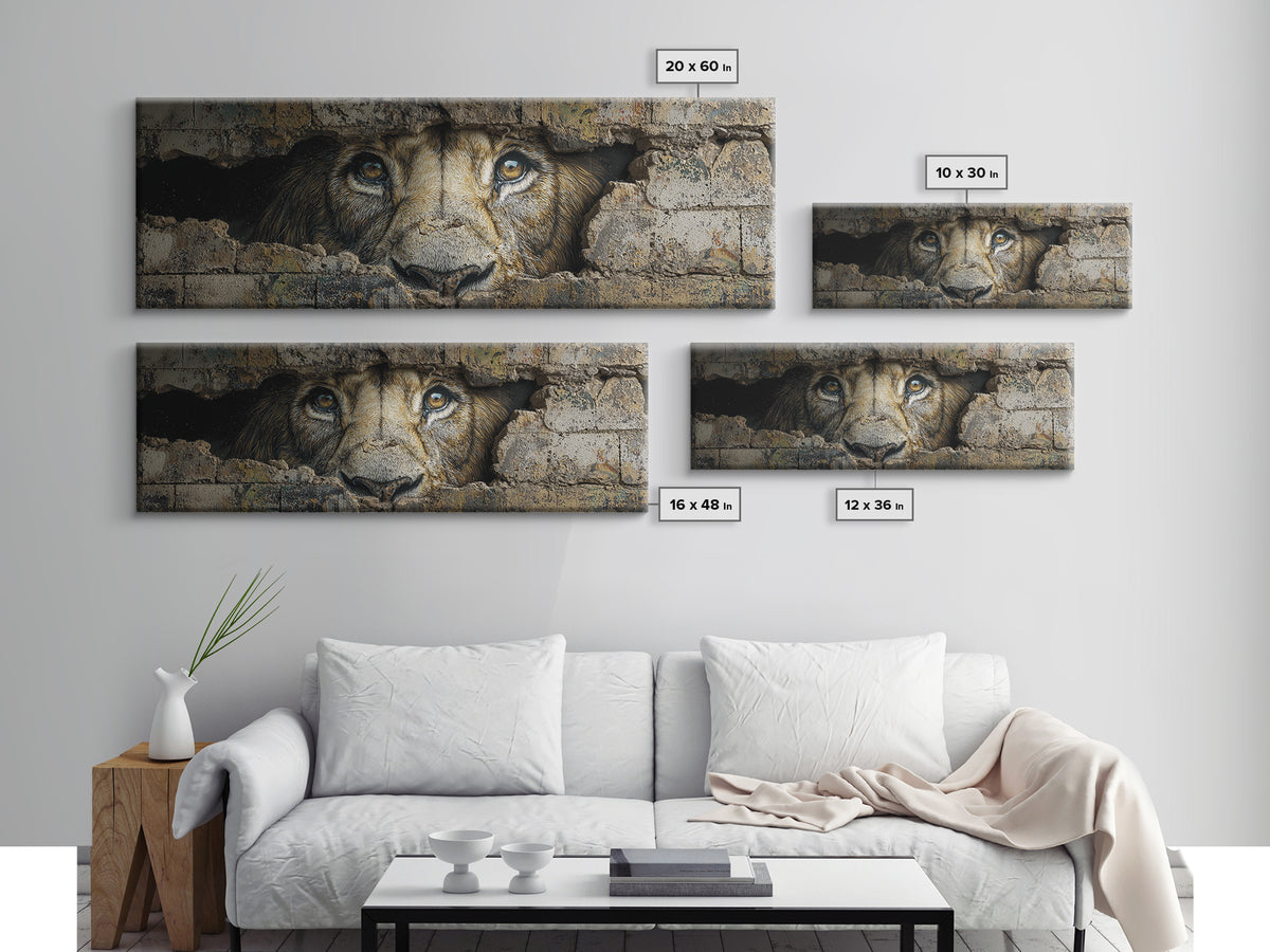 Powerful Lion Peering Through Broken Wall Street Art Canvas Print Bold Wildlife Wall Art For Home Decor And Office Wall Hanging