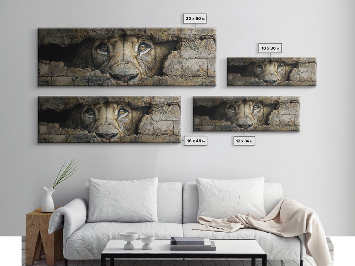 Powerful Lion Peering Through Broken Wall Street Art Canvas Print Bold Wildlife Wall Art For Home Decor And Office Wall Hanging