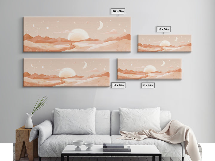 Desert Sunrise With Moon Phases And Terracotta Hills Wall Art, Boho Canvas Print, Southwestern Earth Tone Decor, Nursery Wall Art