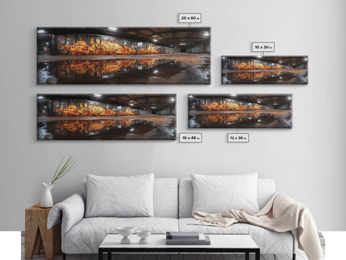 Mysterious Urban Graffiti Subway Station With Reflections Moody Street Art Large Canvas Print Framed Wall Art For Contemporary Decor