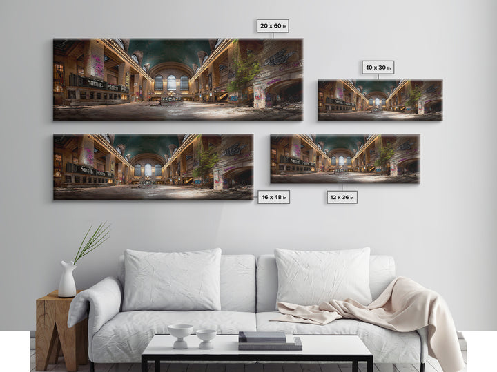 Abandoned Urban Train Station With Graffiti, Nature Reclaiming Space, Moody Decay Landscape Wall Art Canvas Print For Home Decor