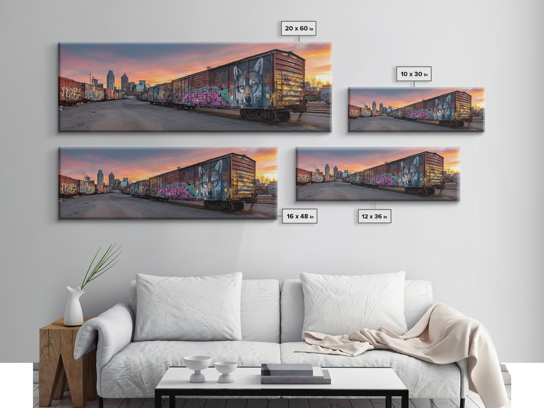 Sunset Skyline With City Train And Vibrant Graffiti Urban Wall Art Print For Modern Living Room Decor And Office Framed Canvas Print