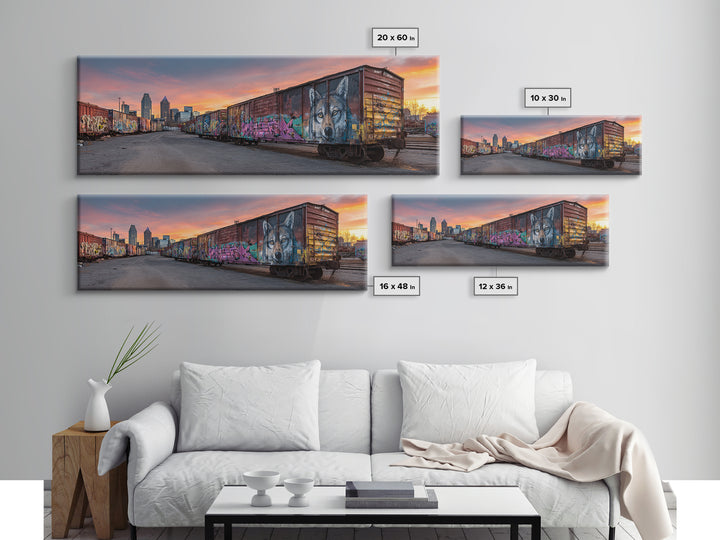 Sunset Skyline With City Train And Vibrant Graffiti Urban Wall Art Print For Modern Living Room Decor And Office Framed Canvas Print