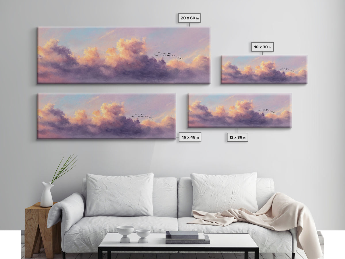 Lavender Sunset Clouds With Flying Birds Wall Art, Pastel Landscape Canvas Print, Calming Bedroom Decor, Living Room Art