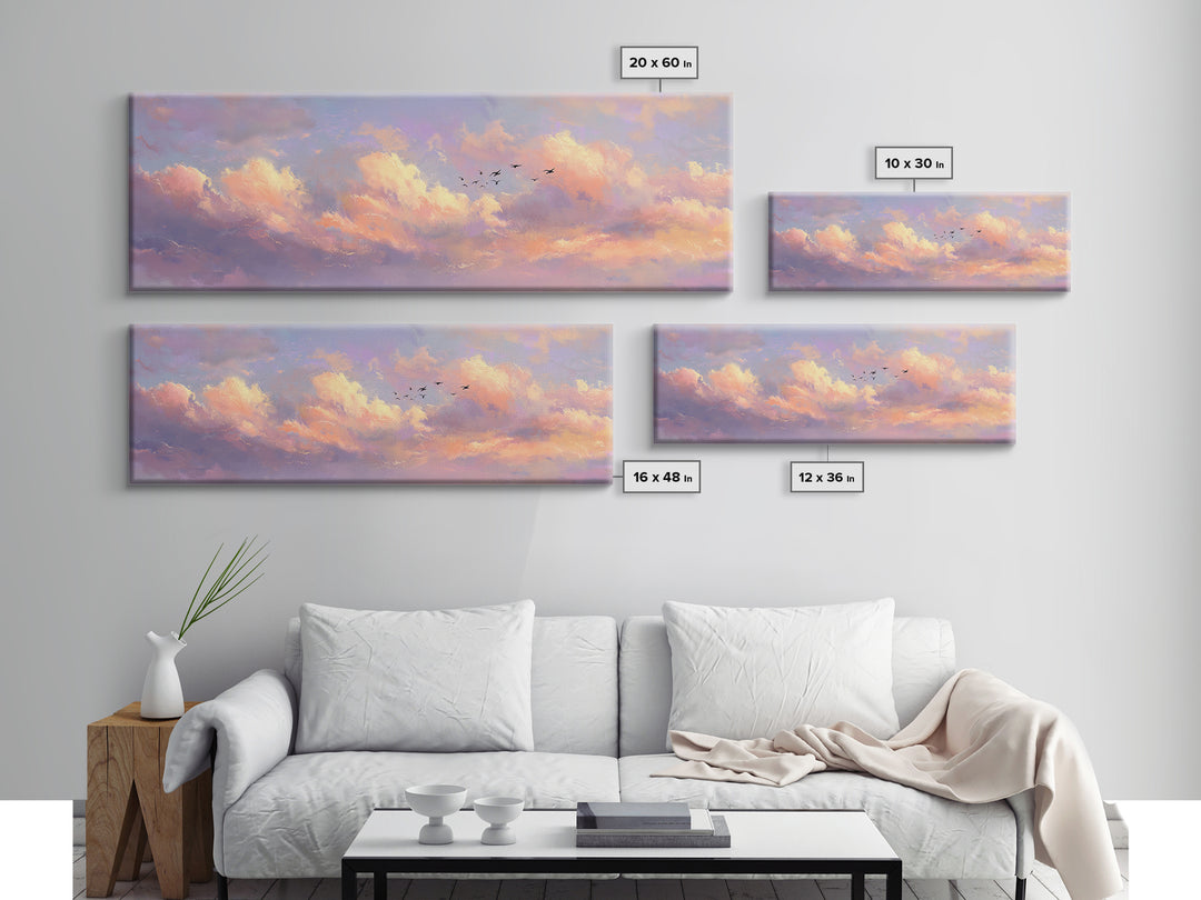 Peach Sunset Clouds With Distant Birds Canvas Print, Soft Pastel Wall Art, Dreamy Landscape Calming Decor, Living Room Wall Art
